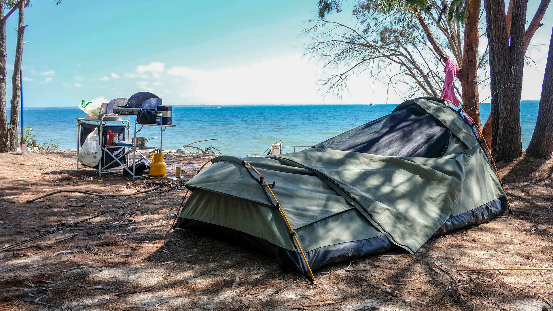 camping swag on beach